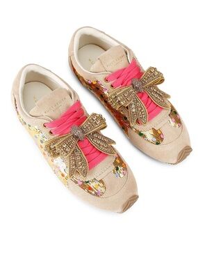 Kurt Geiger Beige Suede Sneakers with Gold Sequin Bow and Hot Pink Laces